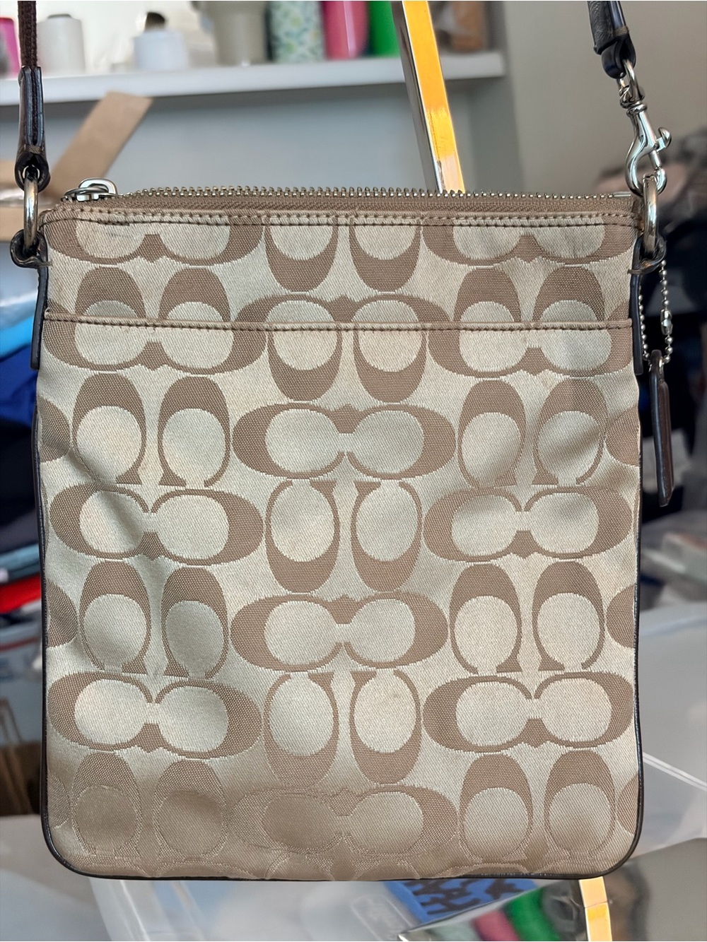 Coach Beige and Brown Signature Crossbody Bag with Turn-Lock - Picture 2 of 10